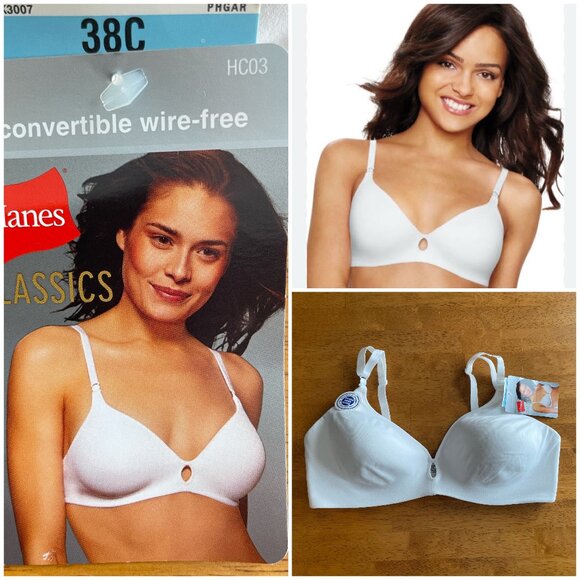 Size 38C Hanes white convertible wire-free lightly padded bra adjustable straps - Picture 1 of 12